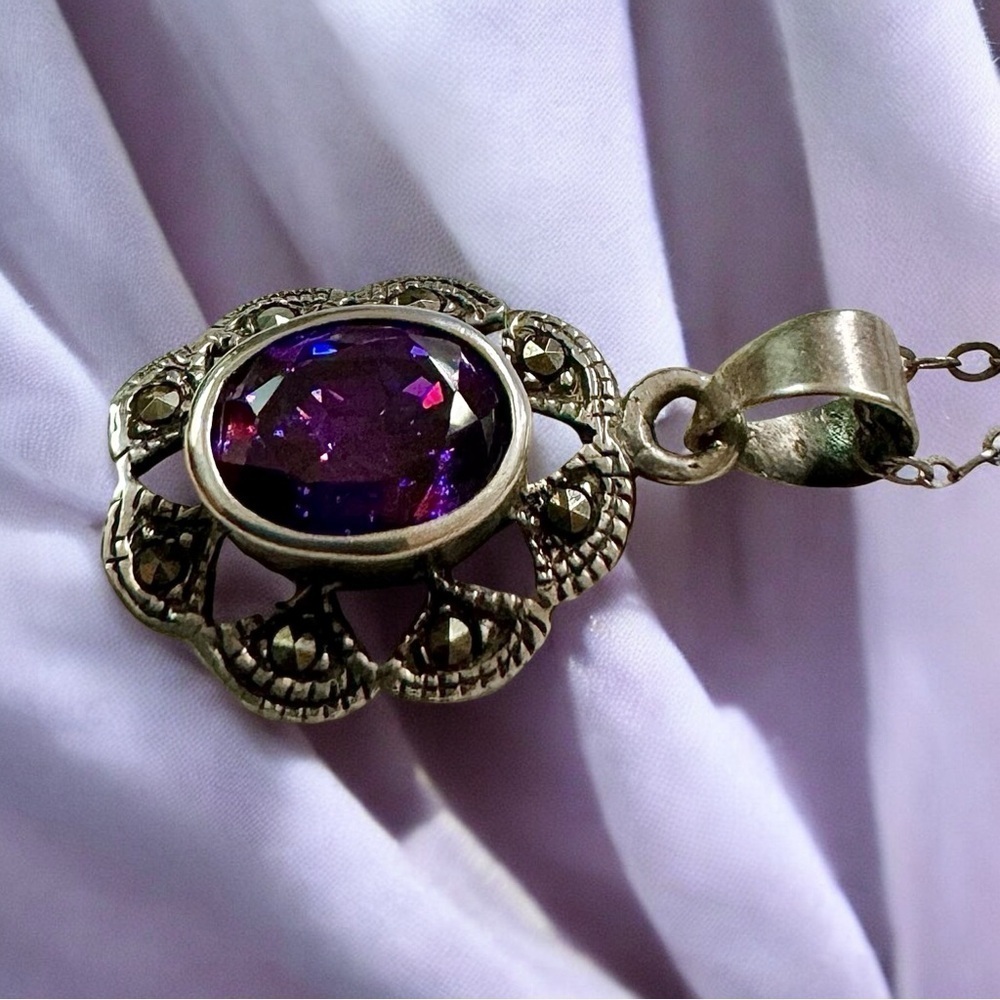 Deep Siberian Amethyst & Marcasite Sterling Silver Pendant Necklace